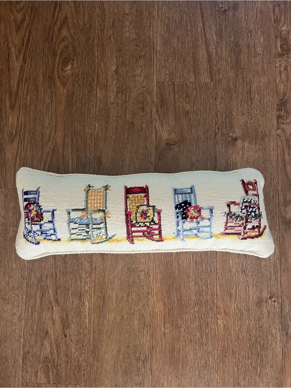 Charming Rocking Chairs Needlepoint Lumbar Pillow Wool Front Cotton Back
